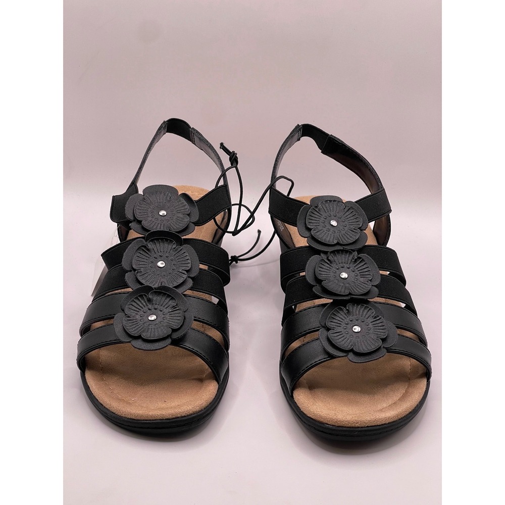East 5th Ilita Black Floral Wedge Sandals Women 9W Wide Memory Foam Strappy